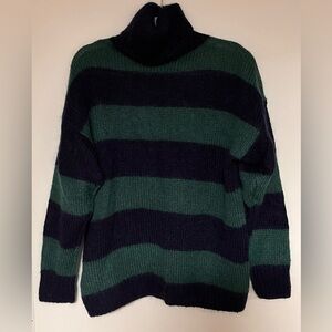 Designer Brand Mohair Blend Knit Striped Turtleneck Sweater - Green & Navy